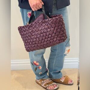 Brand new Basket weave tote in rich burgundy with inside cosmetic case